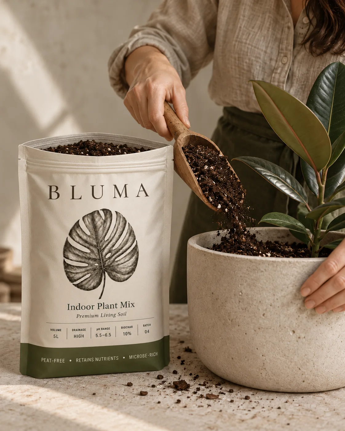 Scooping Indoor Plant Mix from the pouch into a stone pot
