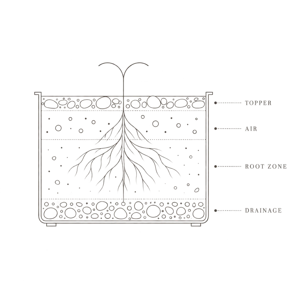 Hairline cross-section of a pot showing topper, air, root zone and drainage layers