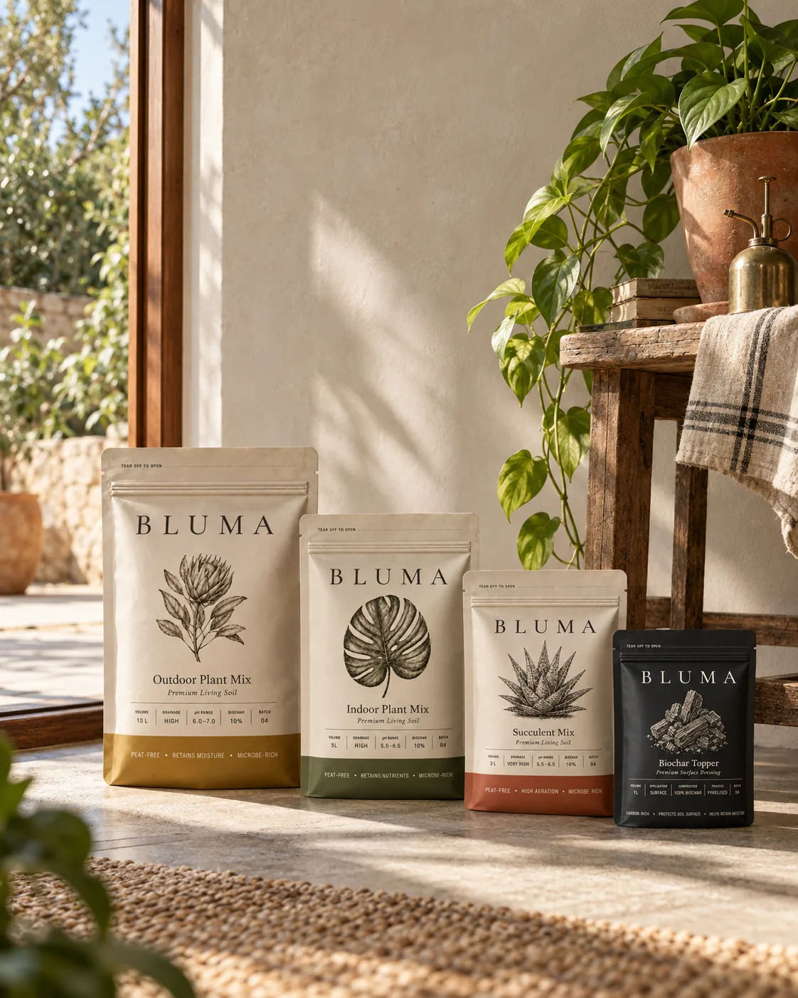The four BLUMA packs on a stone floor by an open door: Outdoor Plant Mix, Indoor Plant Mix, Succulent Mix and Biochar Topper
